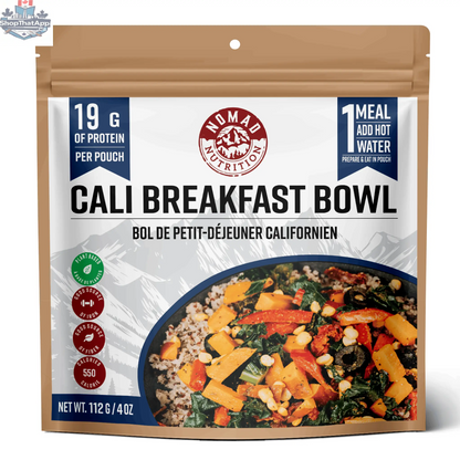 Nomad Nutrition Cali Breakfast Bowl, a vegan, gluten-free dehydrated backpacking breakfast served in a bowl with fresh ingredients.