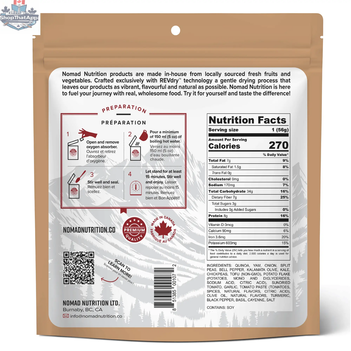 California Breakfast Bowl by Nomad Nutrition, a plant-based vegan gluten-free dehydrated meal with fresh ingredients in a half-serving size.