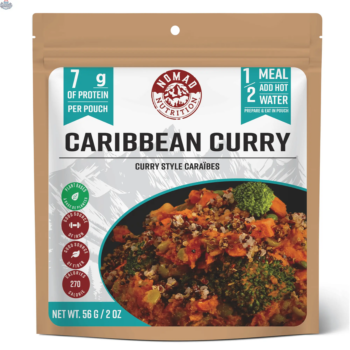 Nomad Nutrition Caribbean Curry Mix in 56g package, vegan, gluten-free dehydrated food for flavorful dishes.