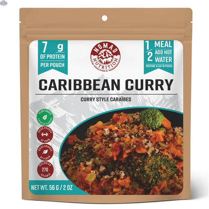 Nomad Nutrition Caribbean Curry Mix in 56g package, vegan, gluten-free dehydrated food for flavorful dishes.