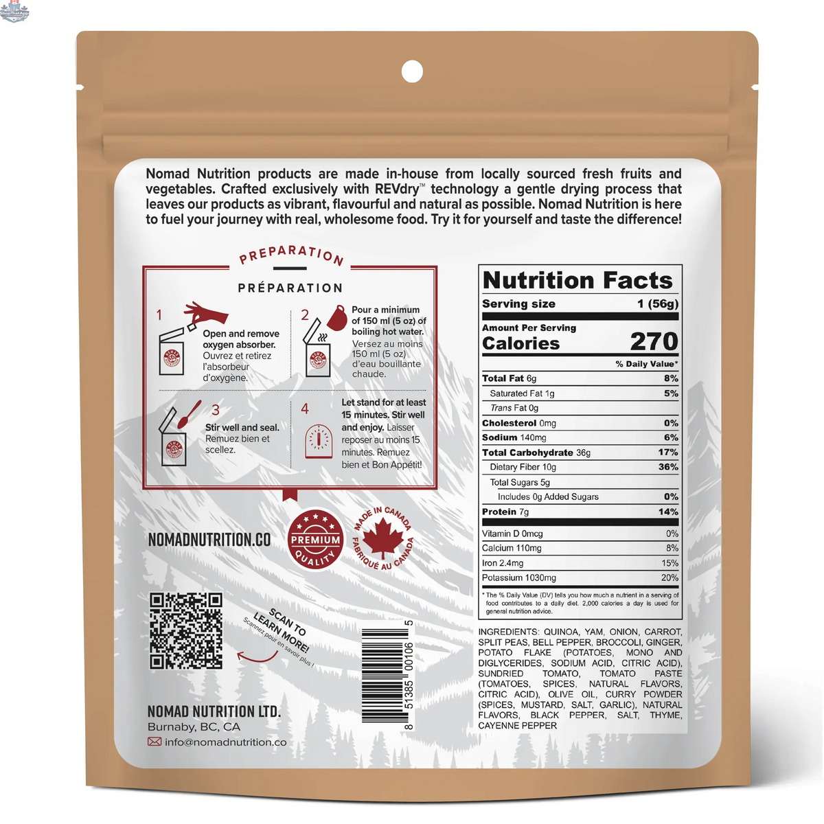 Nomad Nutrition Caribbean Curry Mix in a 56g package, plant-based, vegan, gluten-free dehydrated food for flavorful dishes