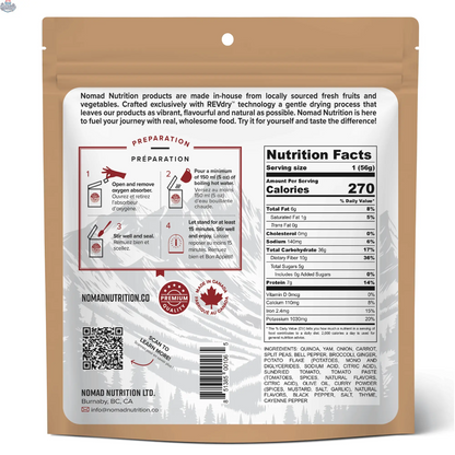 Nomad Nutrition Caribbean Curry Mix in a 56g package, plant-based, vegan, gluten-free dehydrated food for flavorful dishes