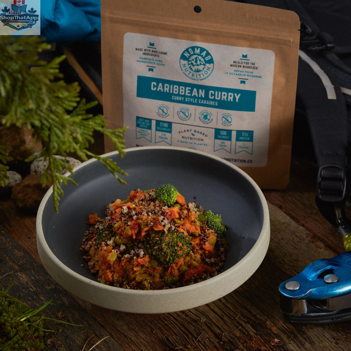 Vegan Caribbean curry spice mix by Nomad Nutrition, featuring colorful dehydrated spices for authentic flavorful meals.