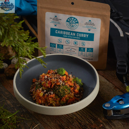 Vegan Caribbean curry spice mix by Nomad Nutrition, featuring colorful dehydrated spices for authentic flavorful meals.