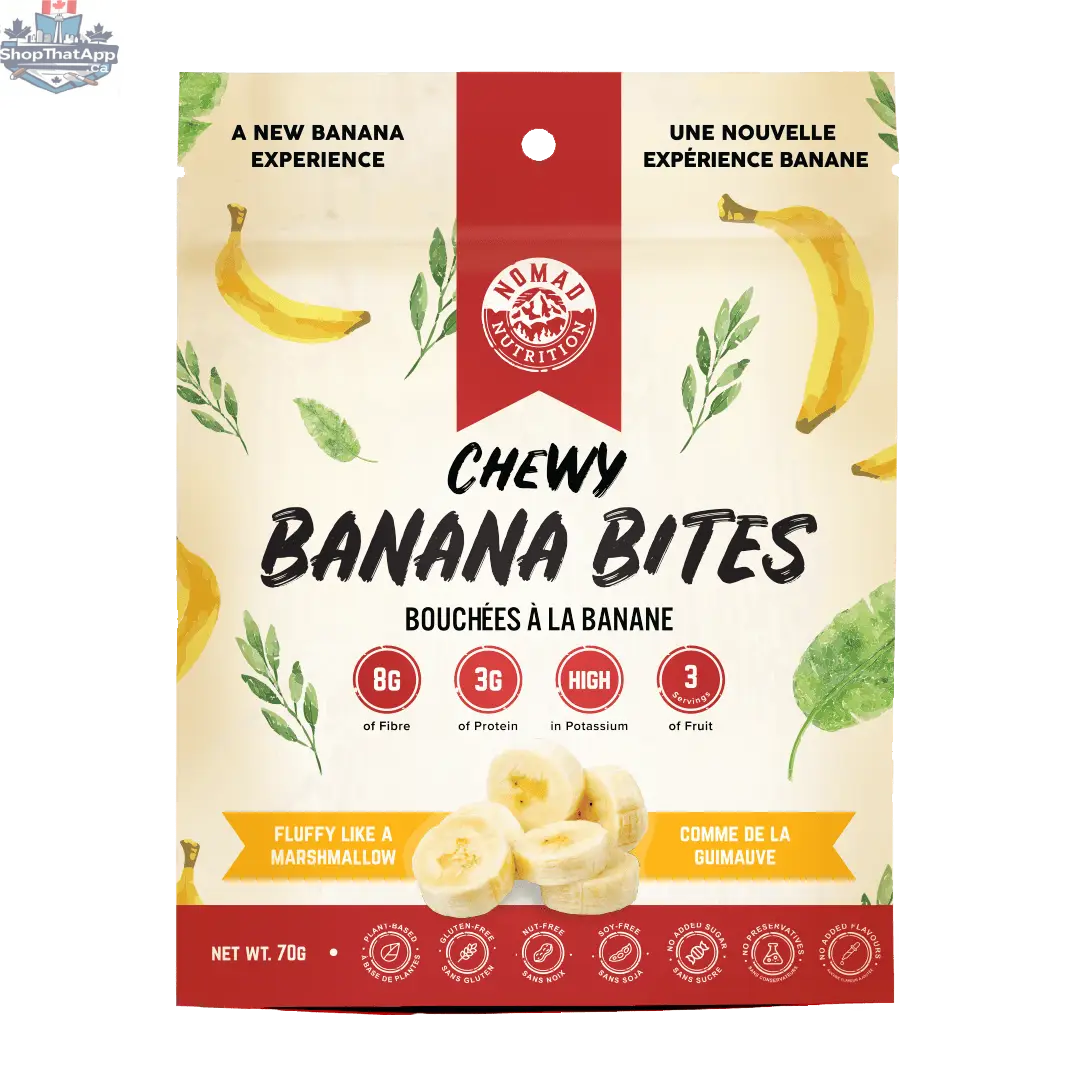 Nomad Nutrition Chewy Banana Bites, vegan and gluten-free plant-based banana snacks on a white background.