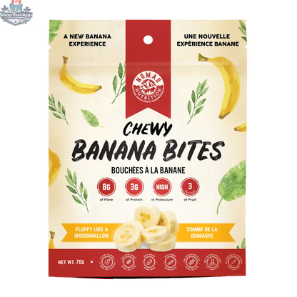 Nomad Nutrition Chewy Banana Bites, vegan and gluten-free plant-based banana snacks on a white background.