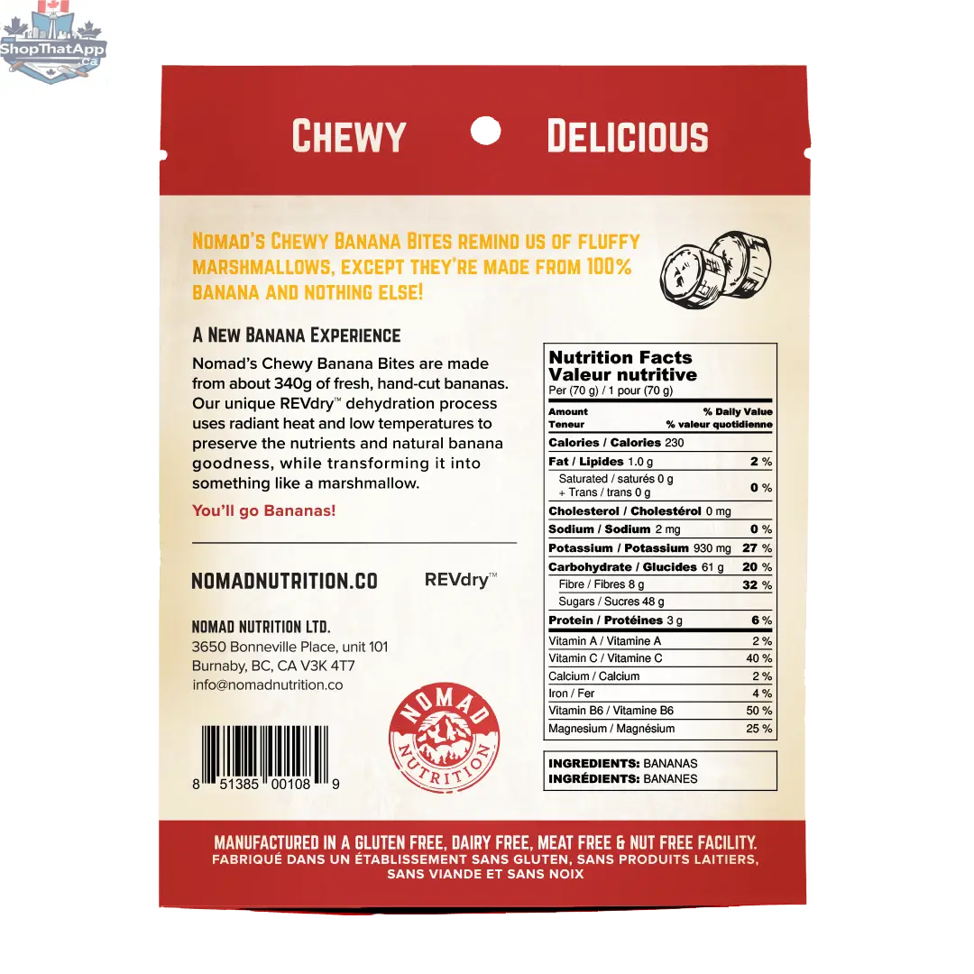Nomad Nutrition Chewy Banana Bites, plant-based vegan dehydrated banana snacks in a resealable bag, healthy gluten-free treats.