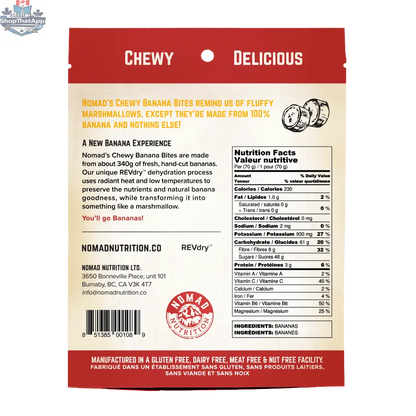 Nomad Nutrition Chewy Banana Bites, plant-based vegan dehydrated banana snacks in a resealable bag, healthy gluten-free treats.