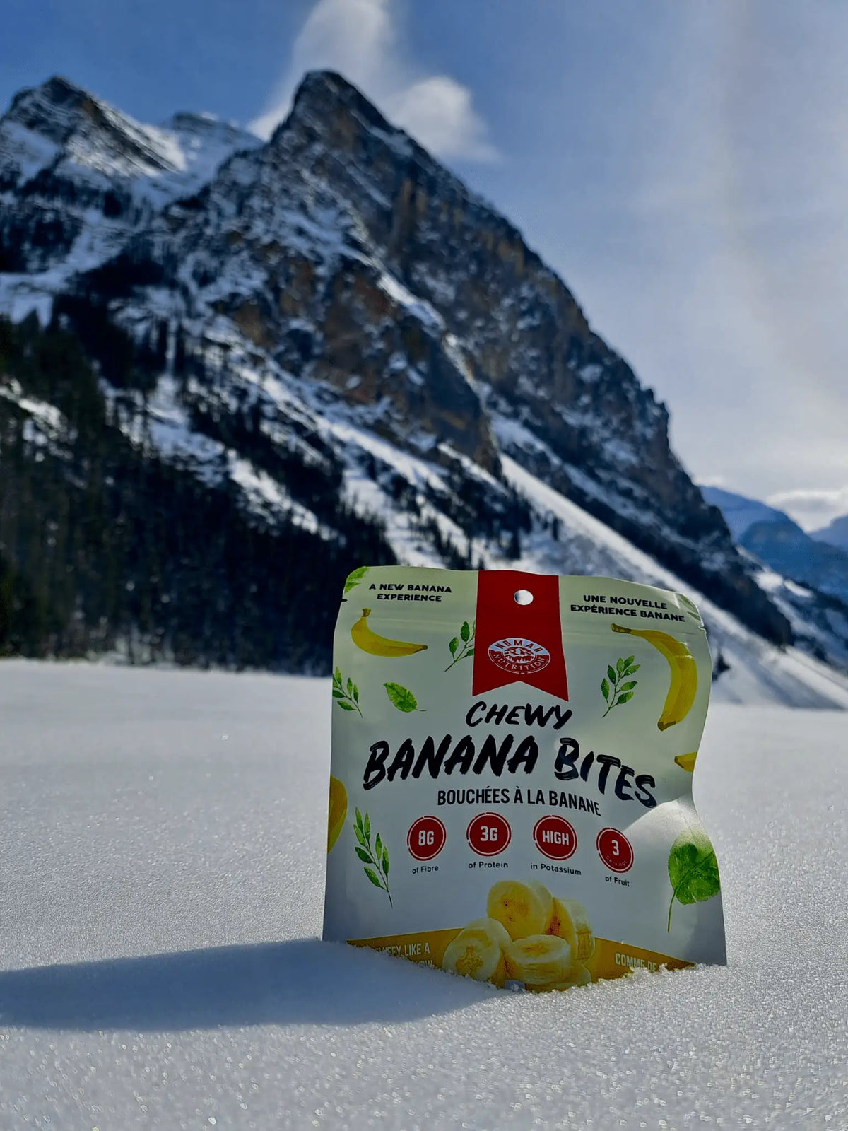 Nomad Nutrition Chewy Banana Bites, dehydrated vegan banana snacks, gluten-free, healthy plant-based treat with chewy texture.