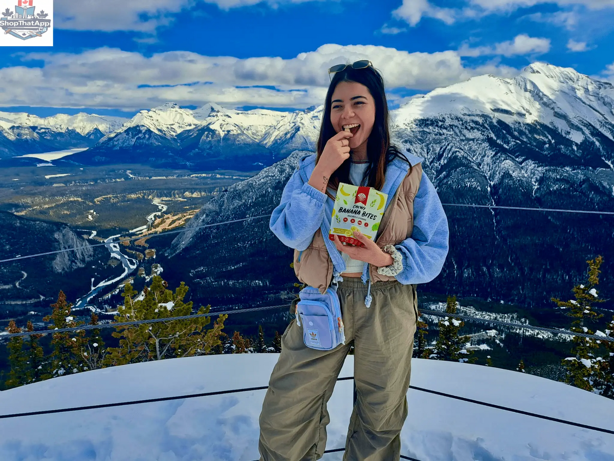 Close-up of Nomad Nutrition Chewy Banana Bites, dehydrated vegan banana snacks with a chewy texture, gluten-free and plant-based.