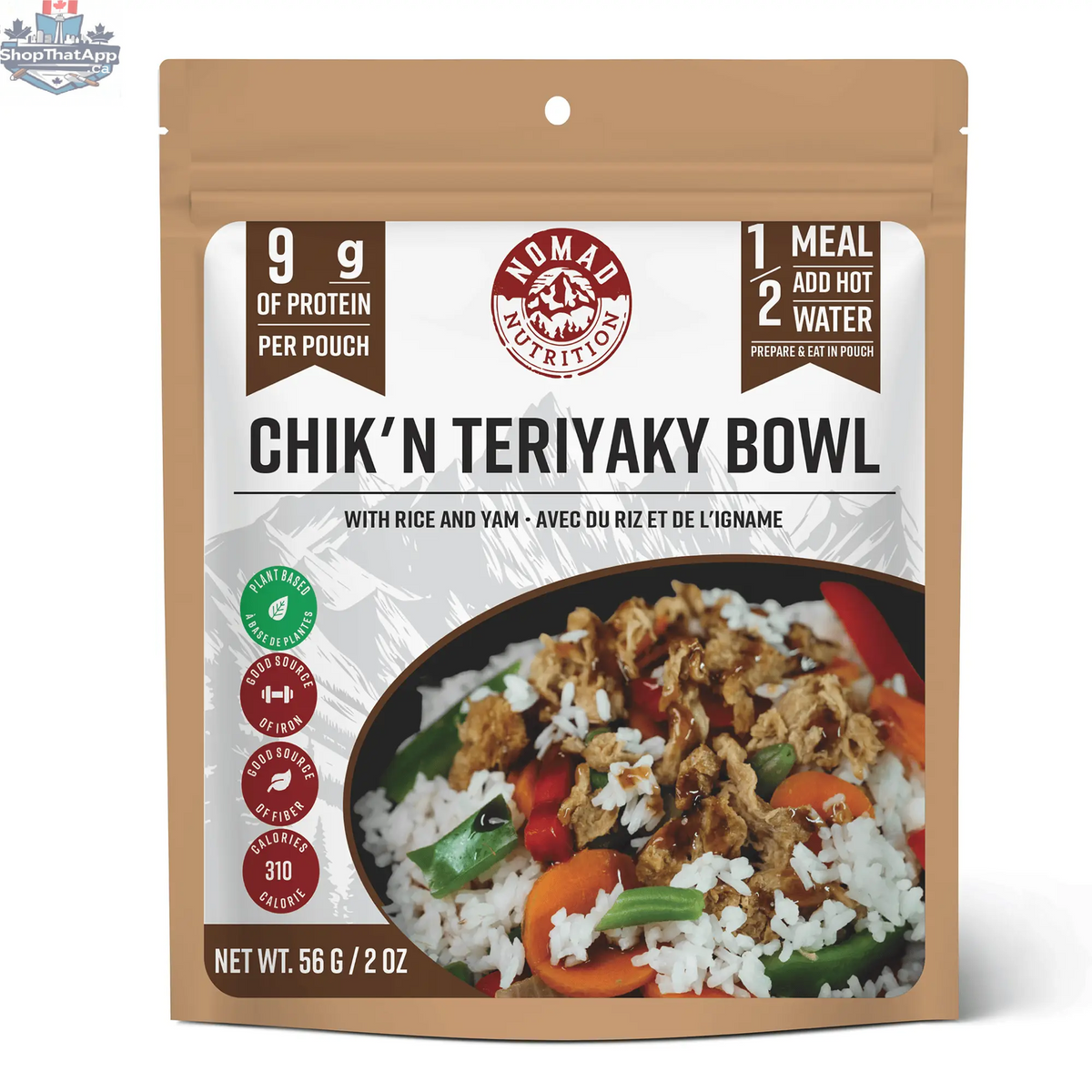 Nomad Nutrition Chick'n Teriyaki Bowl, 56g, plant-based vegan dehydrated meal with gluten-free ingredients, ready-to-eat food.