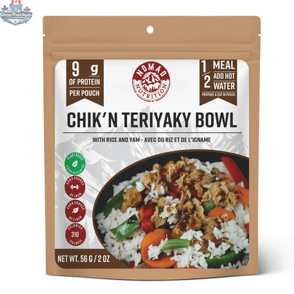 Nomad Nutrition Chick'n Teriyaki Bowl, 56g, plant-based vegan dehydrated meal with gluten-free ingredients, ready-to-eat food.