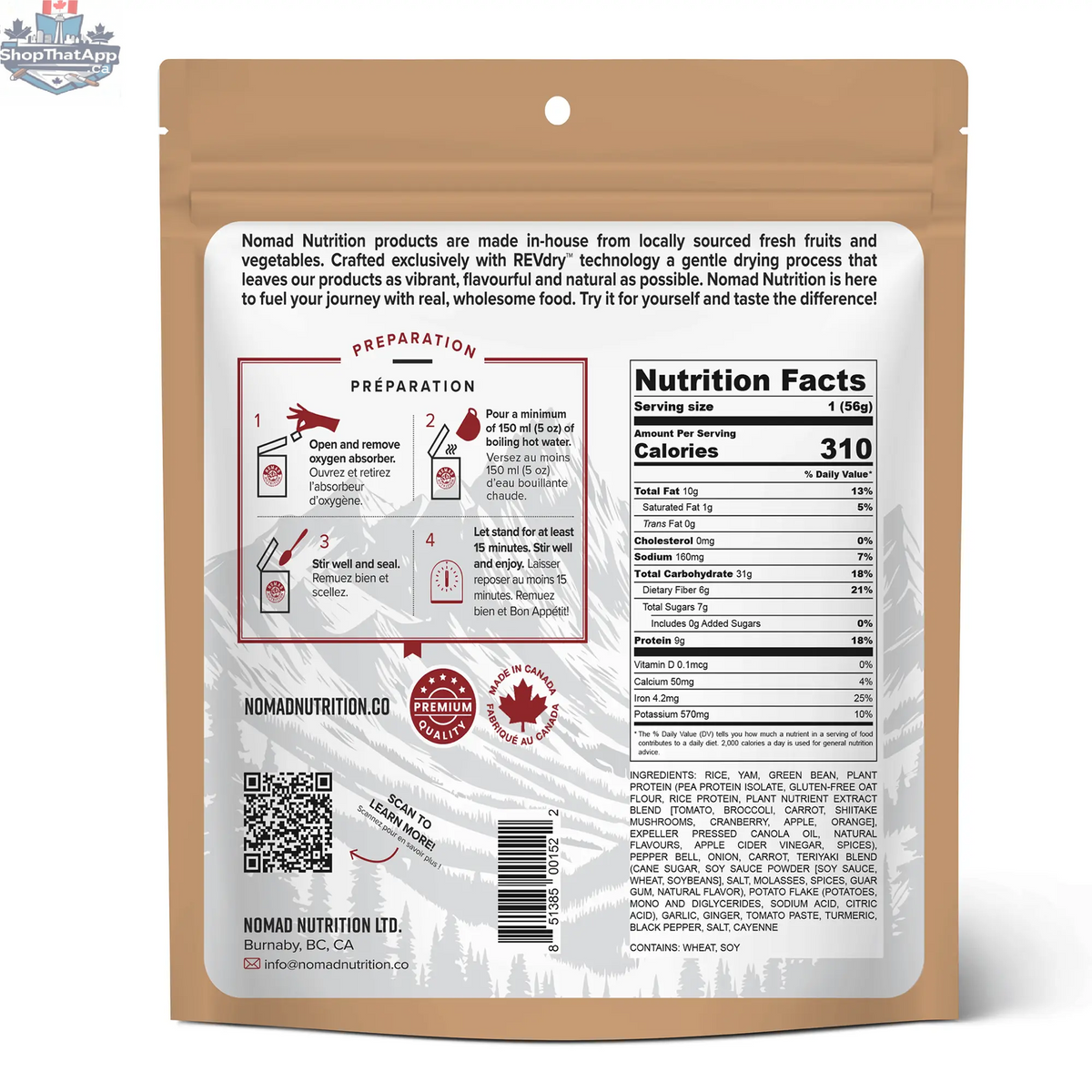 Nomad Nutrition Chick'n Teriyaki Bowl, 56g plant-based vegan dehydrated food with gluten-free ingredients.