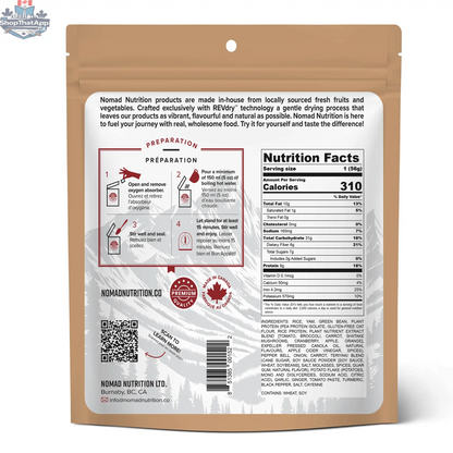 Nomad Nutrition Chick'n Teriyaki Bowl, 56g plant-based vegan dehydrated food with gluten-free ingredients.