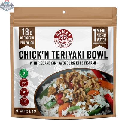 Nomad Nutrition Chick'n Teriyaki Bowl with plant-based vegan dehydrated chicken, served in a bowl with vegetables and sauce.
