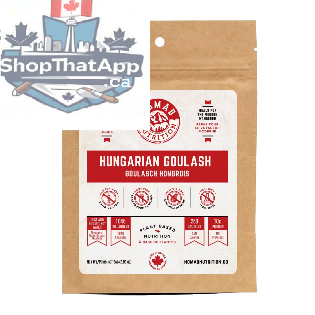 Dehydrated Hungarian Goulash by Nomad Nutrition, 56g, showing rich, hearty vegan and gluten-free meal in a sealed package.