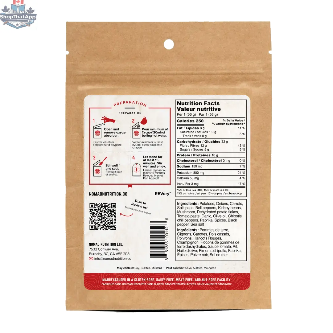 Dehydrated Hungarian Goulash by Nomad Nutrition, 56g, featuring hearty, flavorful plant-based, vegan, gluten-free outdoor meal.