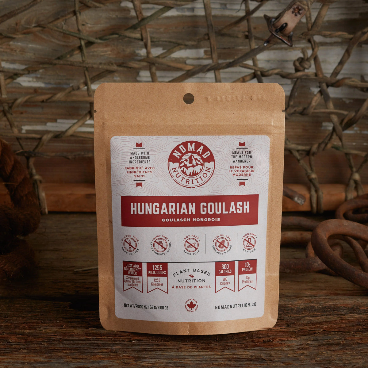 Dehydrated Hungarian Goulash half portion by Nomad Nutrition, featuring hearty, plant-based, gluten-free outdoor meal in a 56g package.