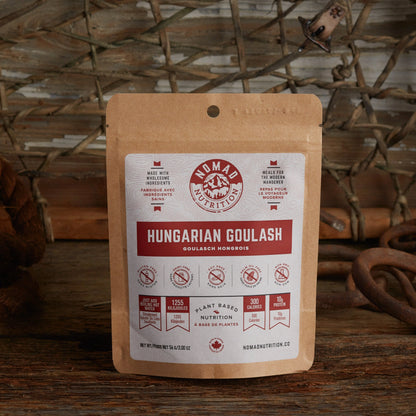 Dehydrated Hungarian Goulash half portion by Nomad Nutrition, featuring hearty, plant-based, gluten-free outdoor meal in a 56g package.