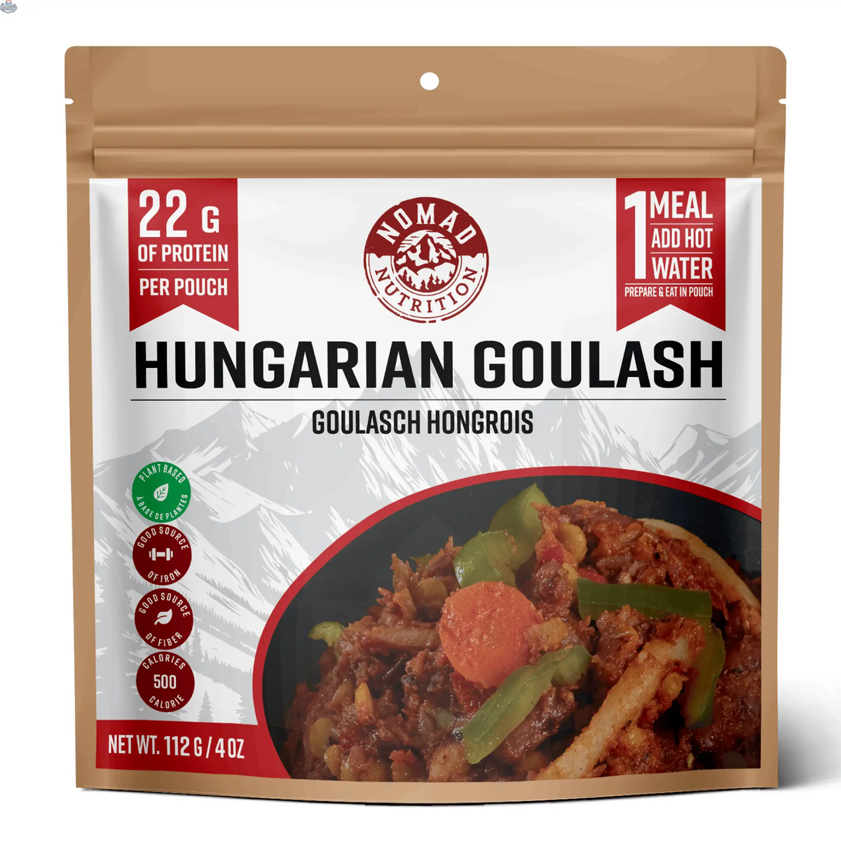 Dehydrated Hungarian Goulash meal by Nomad Nutrition, showcasing a hearty, plant-based, gluten-free traditional Hungarian flavors.