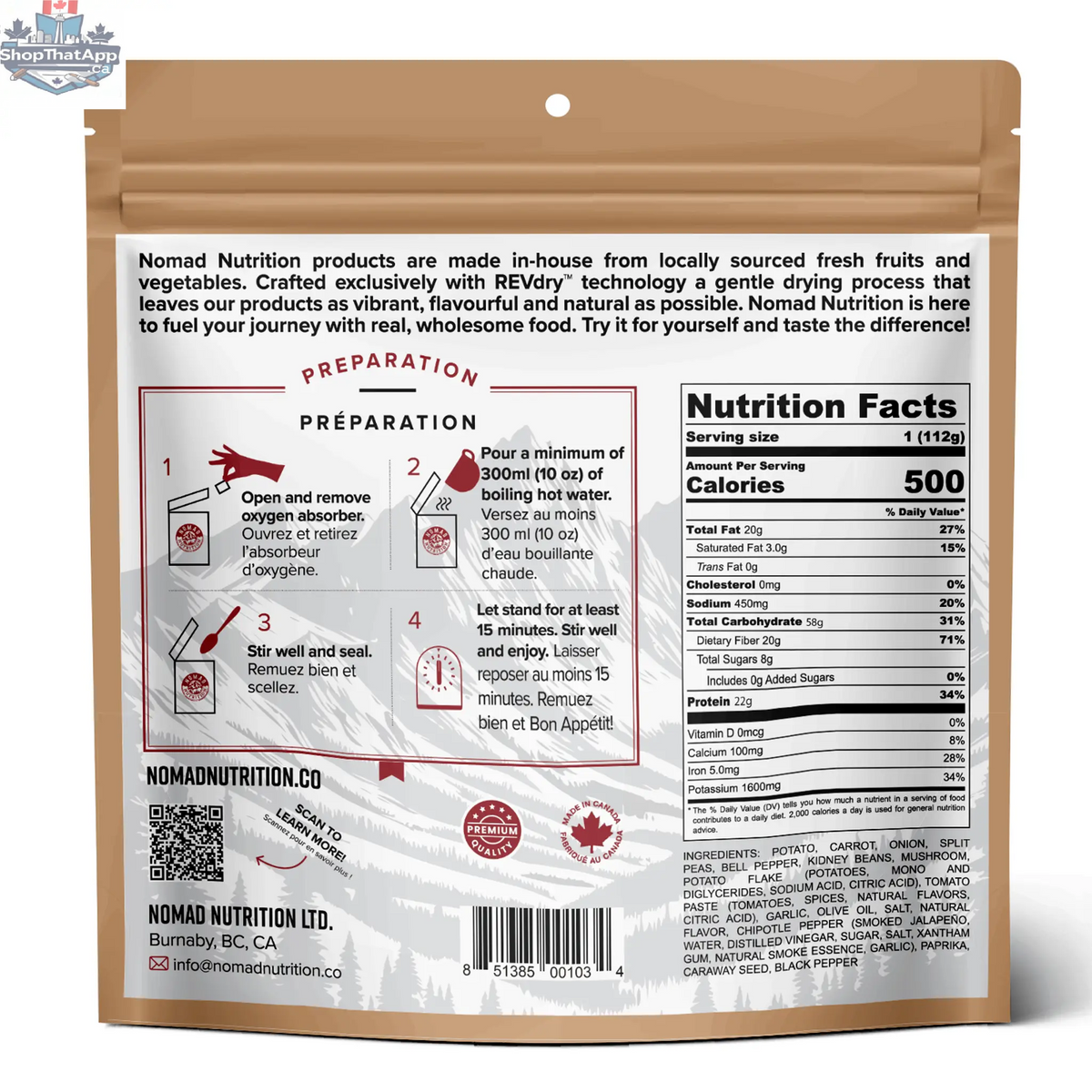 Nomad Nutrition Hungarian Goulash dehydrated meal with traditional flavors, plant-based, vegan, gluten-free, ideal for outdoor dining.