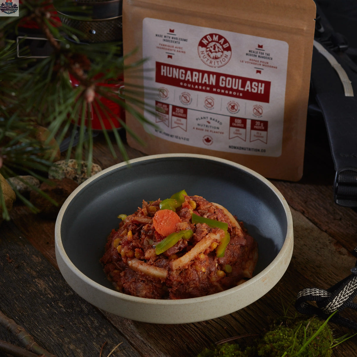 Dehydrated Hungarian Goulash meal by Nomad Nutrition featuring traditional flavors, plant-based, vegan, gluten-free outdoor food.