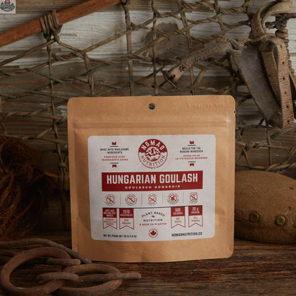 Dehydrated Hungarian Goulash meal by Nomad Nutrition, showcasing rich, traditional flavors in a plant-based, gluten-free outdoor food package.
