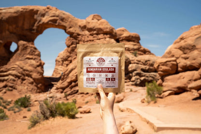 Dehydrated Hungarian Goulash meal by Nomad Nutrition, showcasing vibrant, plant-based, gluten-free, outdoor-ready food in a bowl.