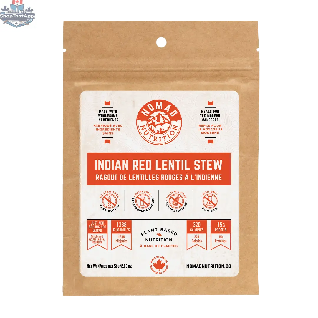 Indian Red Lentil Stew by Nomad Nutrition in a half-portion, showcasing the dehydrated, plant-based, vegan, gluten-free food.
