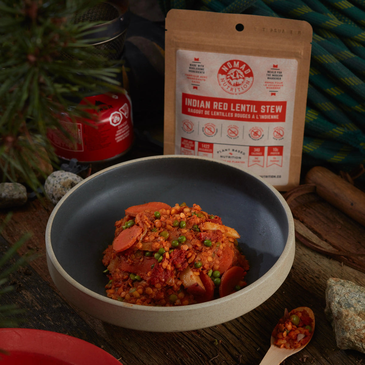 Indian Red Lentil Stew by Nomad Nutrition in a half portion, showing a dehydrated, plant-based, gluten-free food meal.