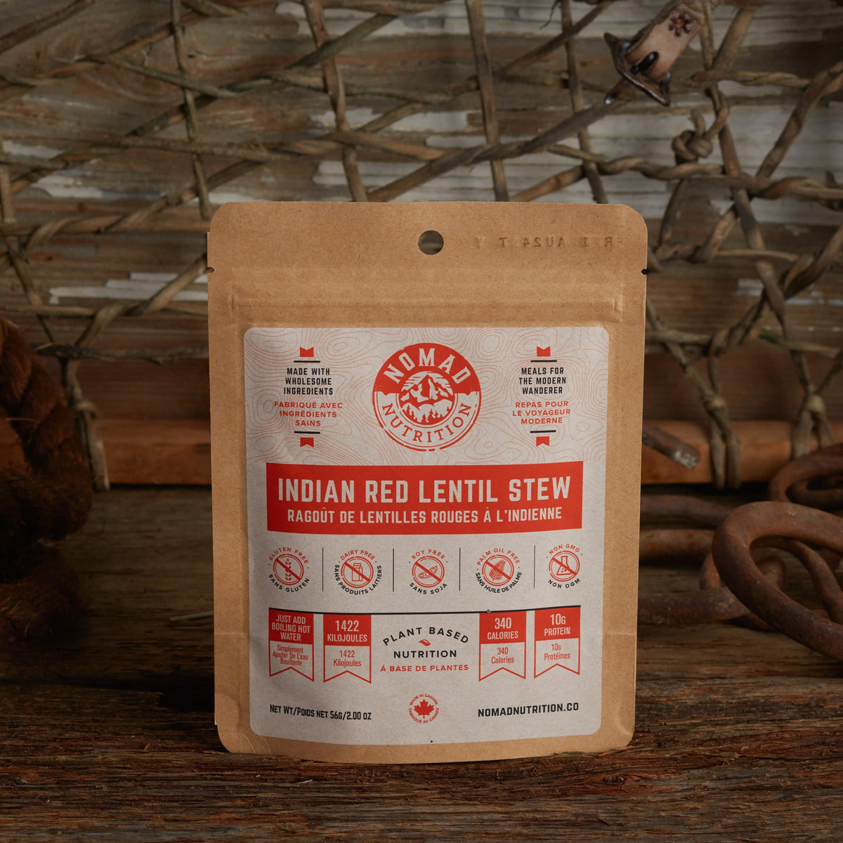 Indian Red Lentil Stew by Nomad Nutrition, a vegan, gluten-free dehydrated food with a rich, hearty appearance in a half portion.