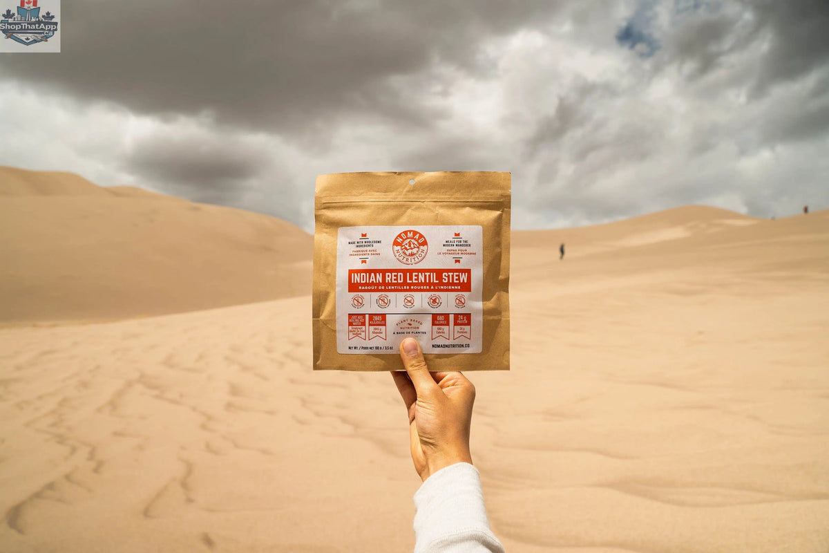 Dehydrated Indian red lentil stew by Nomad Nutrition, showcasing a hearty, plant-based, vegan, gluten-free meal in a bowl.