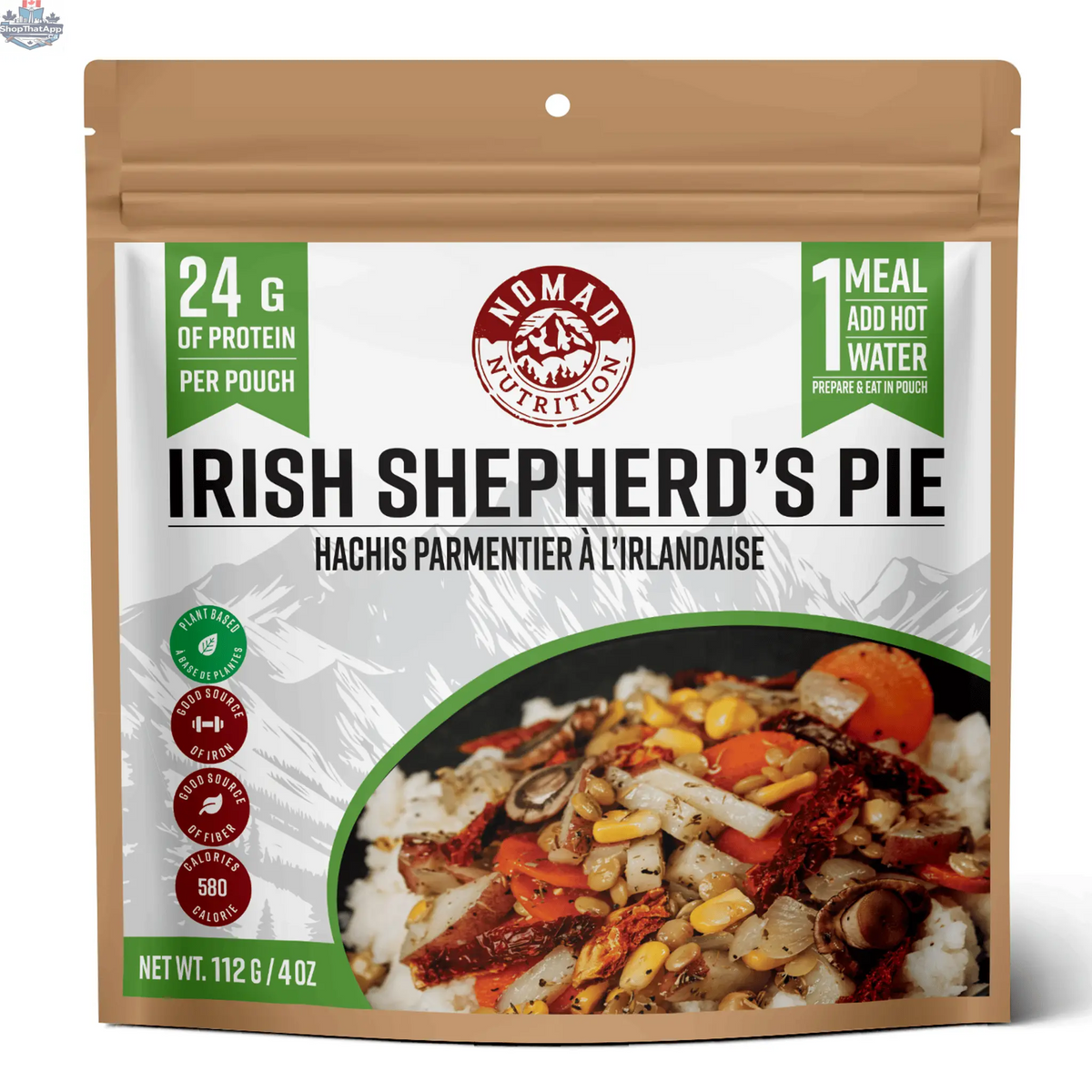 Vegan Irish Shepherd's Pie by Nomad Nutrition featuring plant-based, gluten-free dehydrated meal with mashed potatoes and vegetable filling.