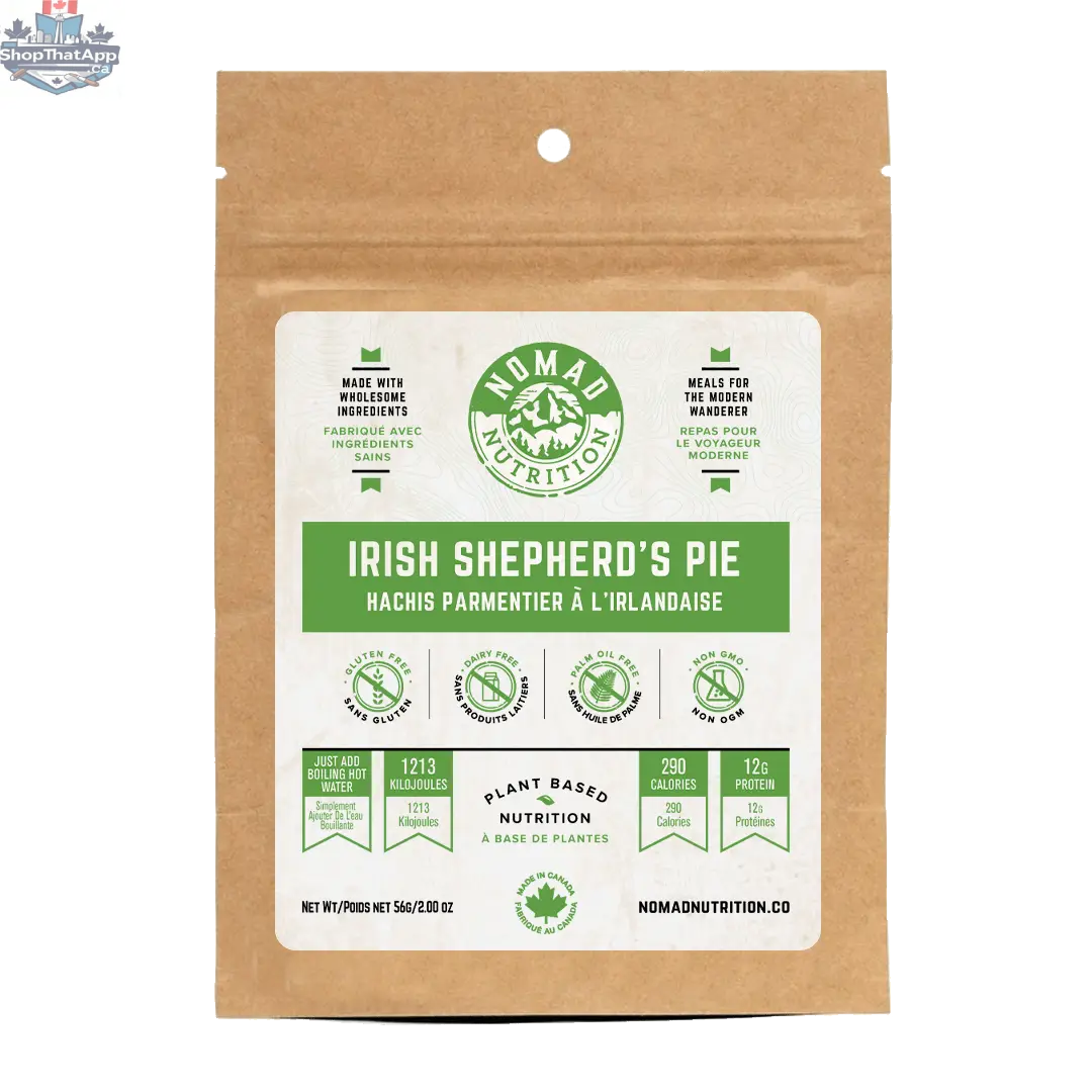 Irish Shepherd's Pie from Nomad Nutrition, half serving, showcasing a vegan, gluten-free dehydrated meal with mashed potatoes and plant-based filling.