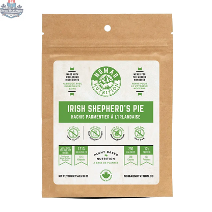 Irish Shepherd's Pie from Nomad Nutrition, half serving, showcasing a vegan, gluten-free dehydrated meal with mashed potatoes and plant-based filling.