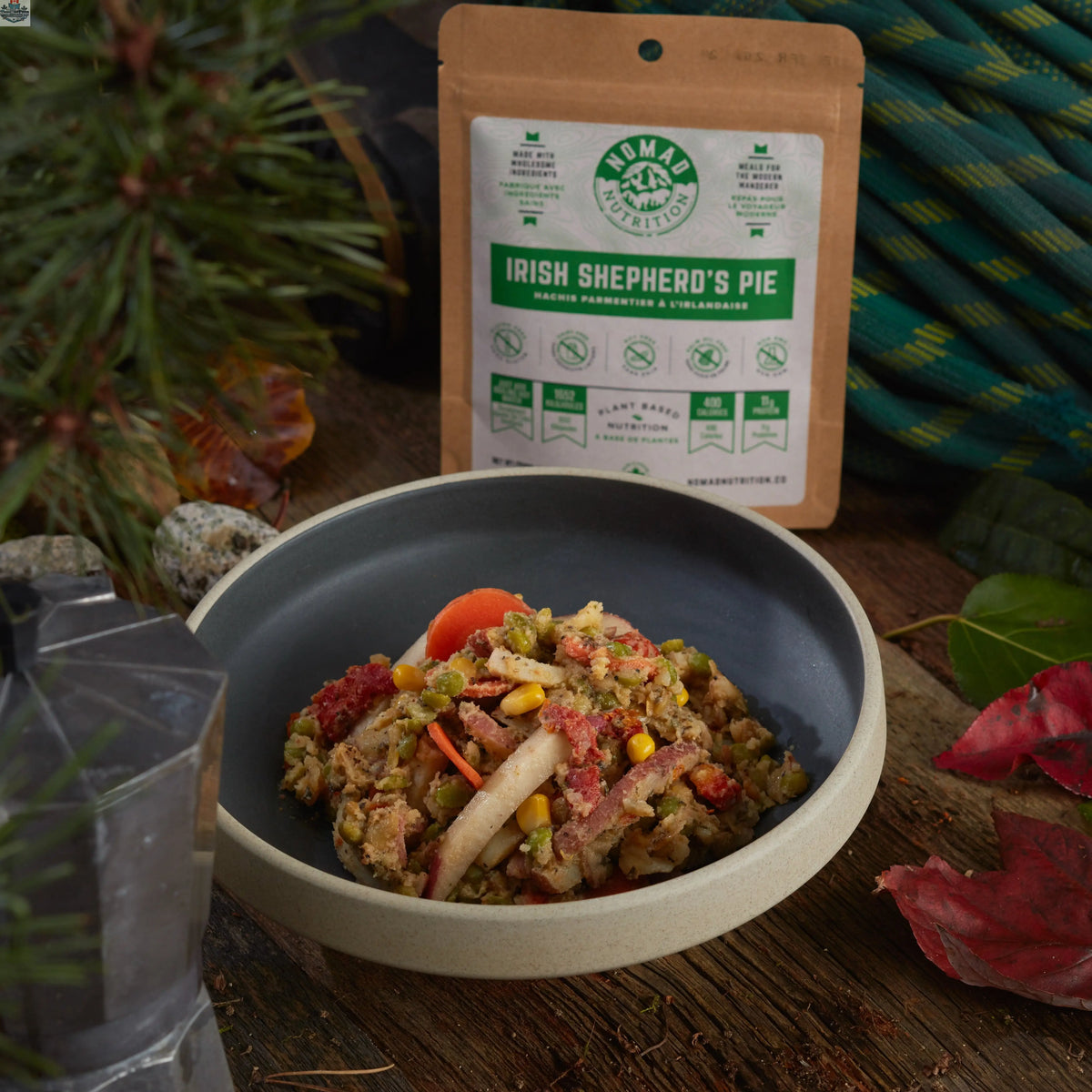 Dehydrated vegan Irish Shepherd's Pie by Nomad Nutrition, featuring layers of plant-based ingredients in a half-serving food package.
