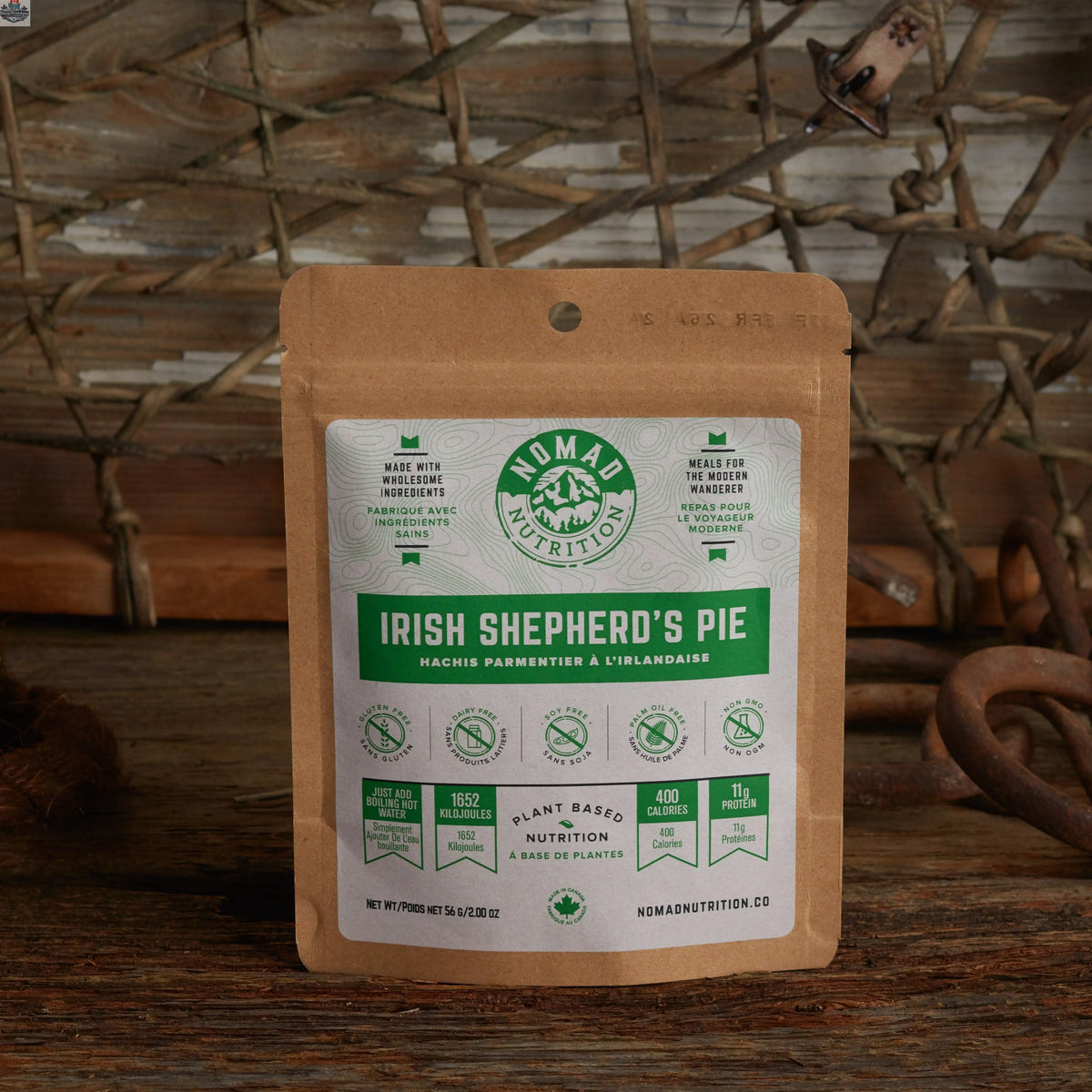 Nomad Nutrition Irish Shepherd's Pie half serving in a bowl, vegan and gluten-free dehydrated meal with mashed potatoes and plant-based ingredients.
