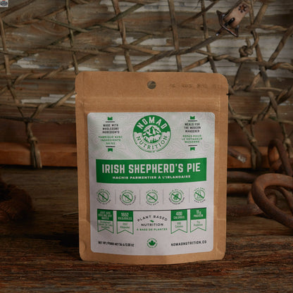 Nomad Nutrition Irish Shepherd's Pie half serving in a bowl, vegan and gluten-free dehydrated meal with mashed potatoes and plant-based ingredients.