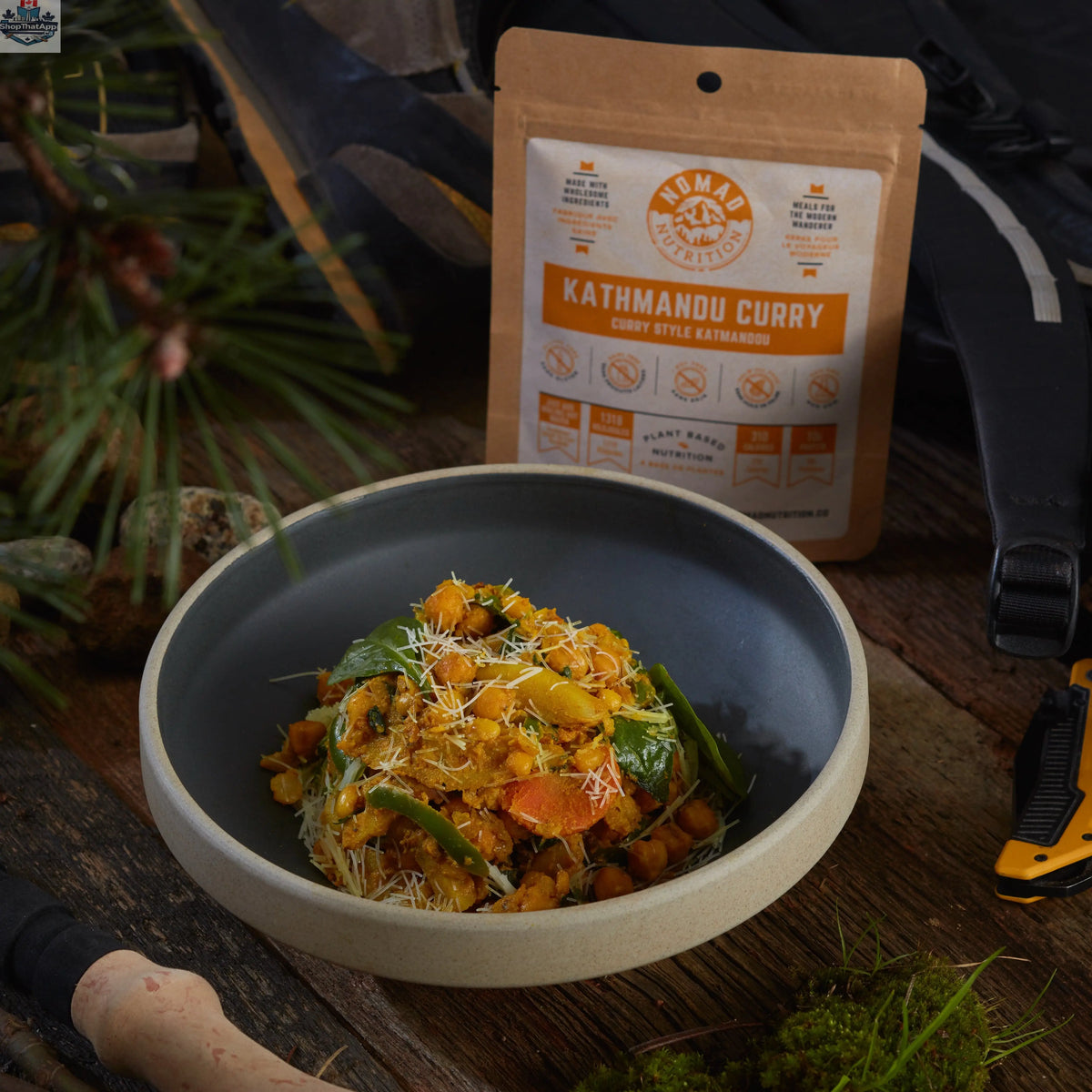 Nomad Nutrition Kathmandu Curry Half Serving in a bowl, showcasing vibrant, plant-based vegan dehydrated food with authentic flavor.