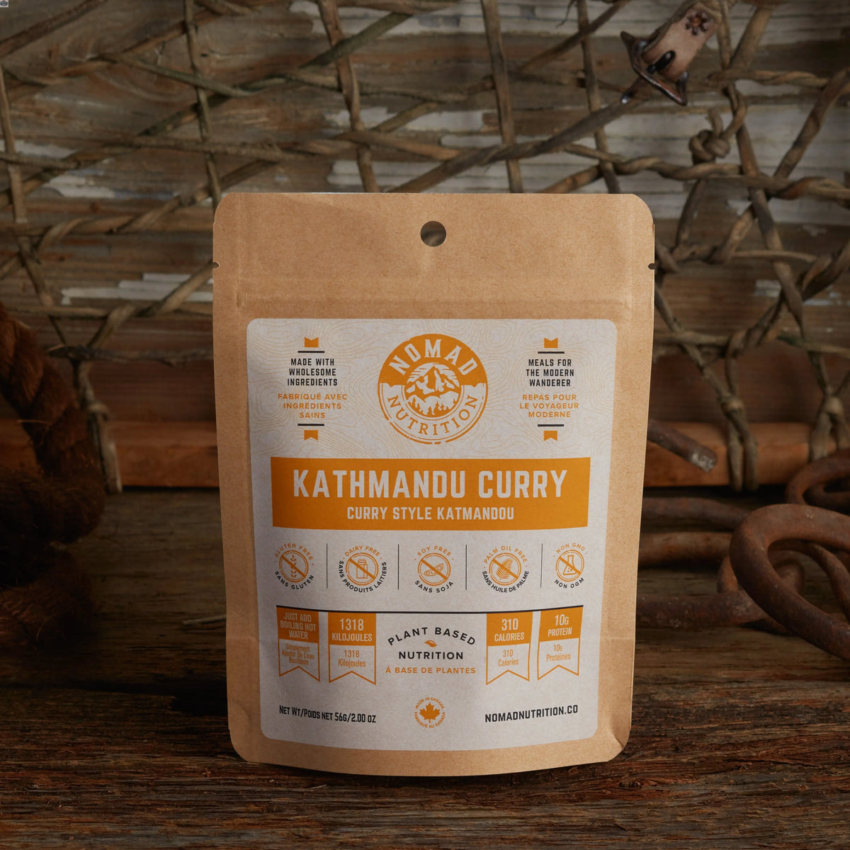 Nomad Nutrition Kathmandu Curry in a 56g package, vegan, gluten-free dehydrated food with authentic flavor and convenient serving size.