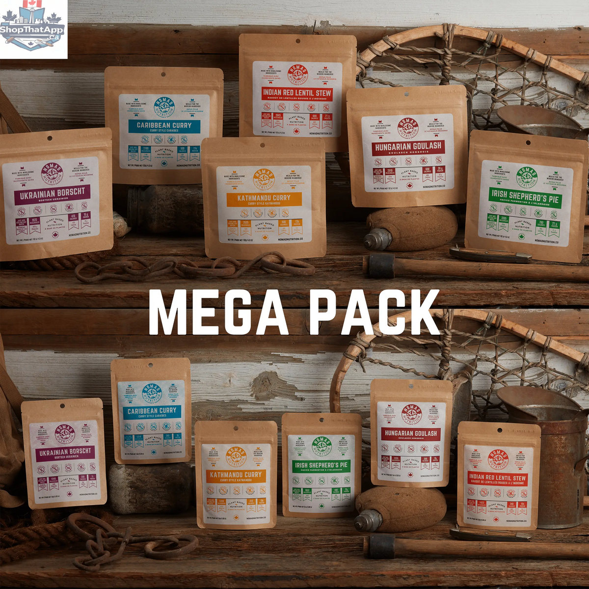 Nomad Nutrition Mega Pack Meals with 12 vegan, gluten-free dehydrated meal pouches for easy meal prep and outdoor adventures.