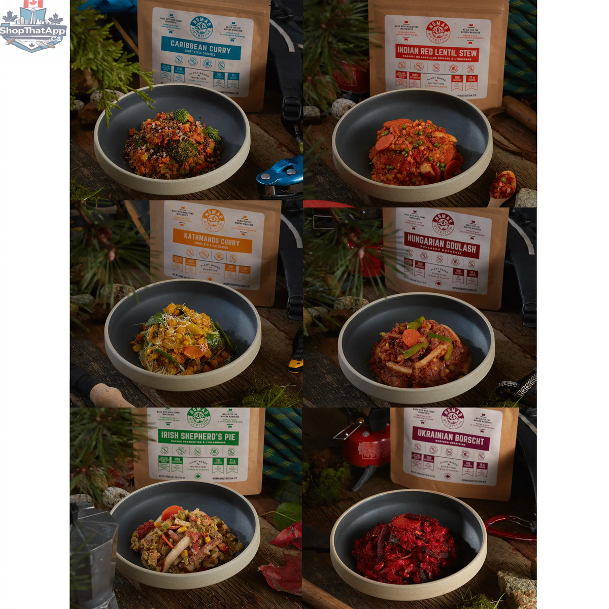 Nomad Nutrition vegan dehydrated Mega Pack Meals with 18 easy-to-prepare plant-based, gluten-free meals for outdoor adventures.