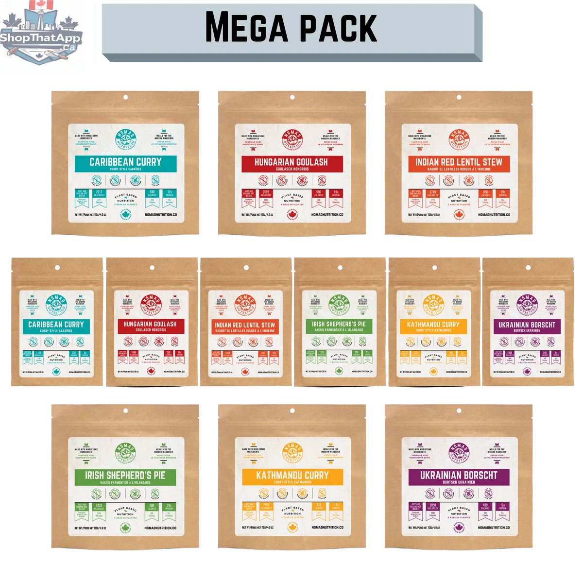 Nomad Nutrition Mega Pack Meals with 12 vegan, gluten-free dehydrated meals for easy meal prep and outdoor adventures.