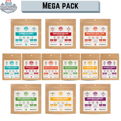 Nomad Nutrition Mega Pack Meals with 12 vegan, gluten-free dehydrated meals for easy meal prep and outdoor adventures.
