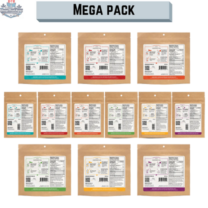 Nomad Nutrition Mega Pack Meals with 12 vegan dehydrated food portions for easy meal prep and outdoor adventures.