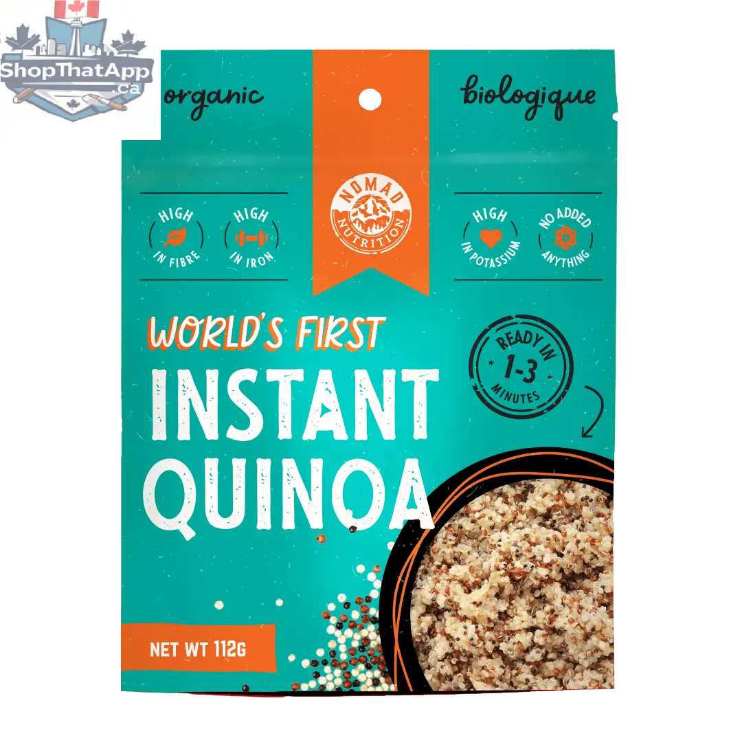 Original Instant Quinoa by Nomad Nutrition, vegan and gluten-free dehydrated plant-based food in a resealable bag.