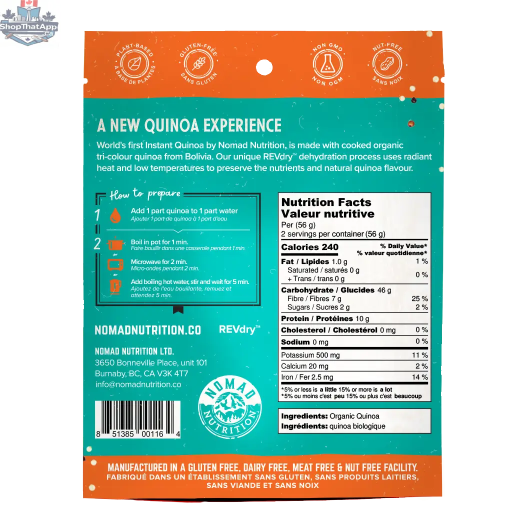 Cooked instant quinoa from Nomad Nutrition, showcasing fluffy, dehydrated plant-based gluten-free food ready to serve.