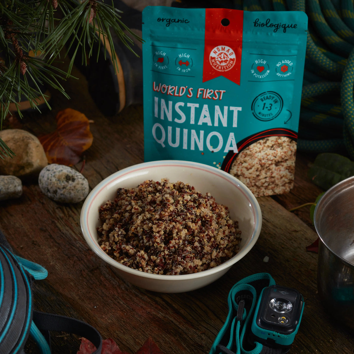 Organic instant quinoa from Nomad Nutrition, plant-based gluten-free dehydrated food for quick, nutritious meals.
