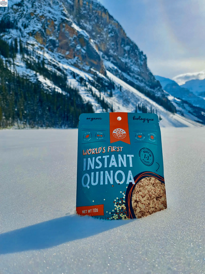 Organic instant quinoa by Nomad Nutrition, showcasing dehydrated, plant-based, gluten-free quinoa food in a resealable package.