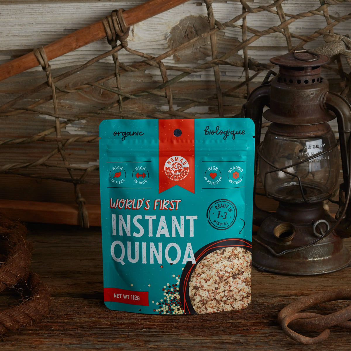 Organic instant quinoa by Nomad Nutrition, dehydrated plant-based vegan gluten-free food, ready-to-eat healthy meal.